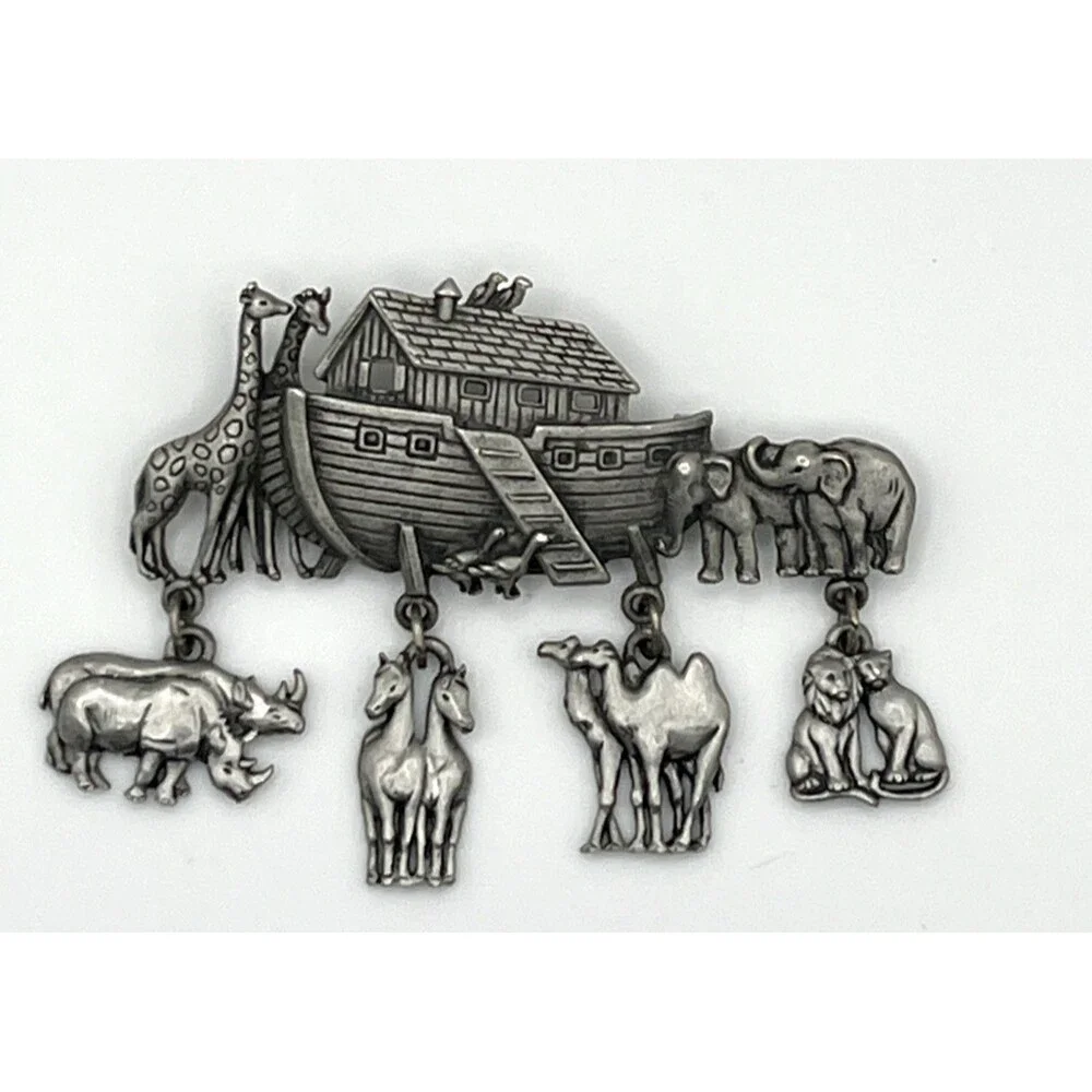Vintage Pewter JJ Jonette Noah's Ark Brooch Pin Animal Dangles Charms Camel Lion